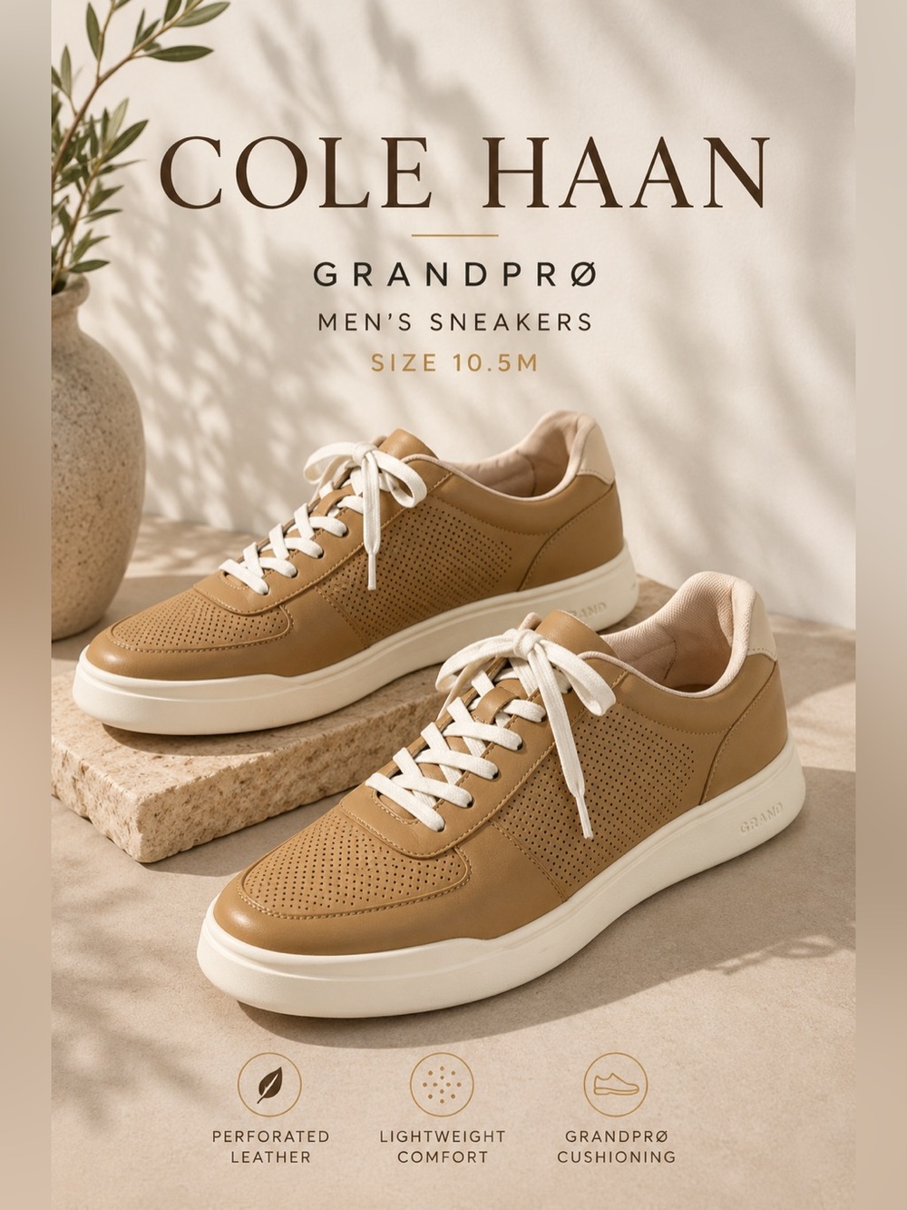 Cole Haan GrandPrø Perforated Leather Sneakers Tan Men’s Size 10.5M